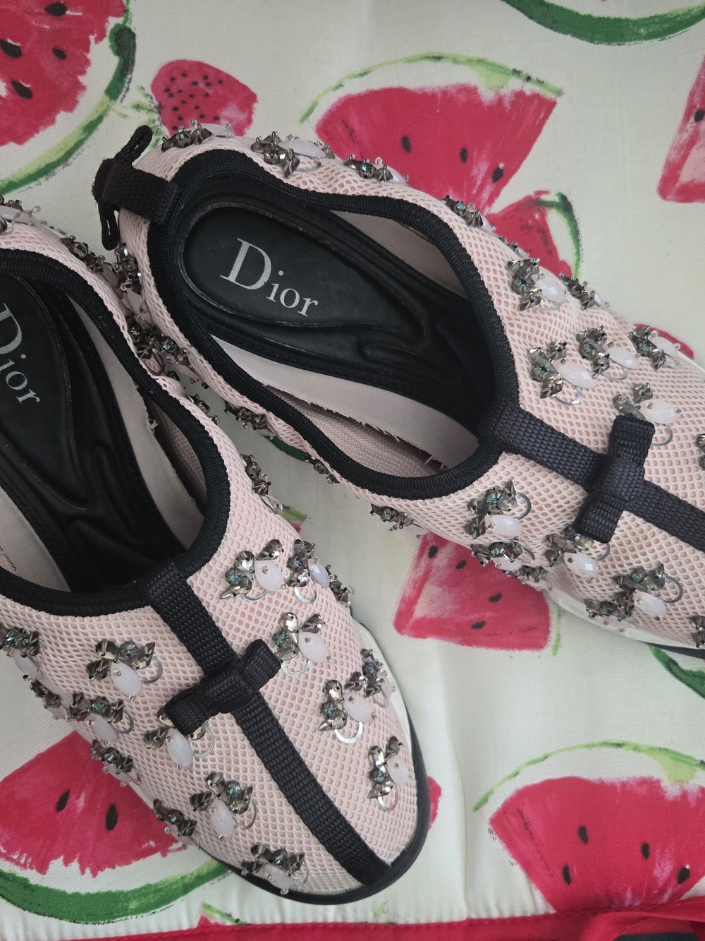 Dior Pink Embellished Mesh Ballet Flats with Black  Bow Trim